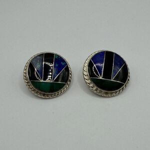 925 Sterling Silver Zuni Style Multistone Earrings Malachite Onyx Azurite